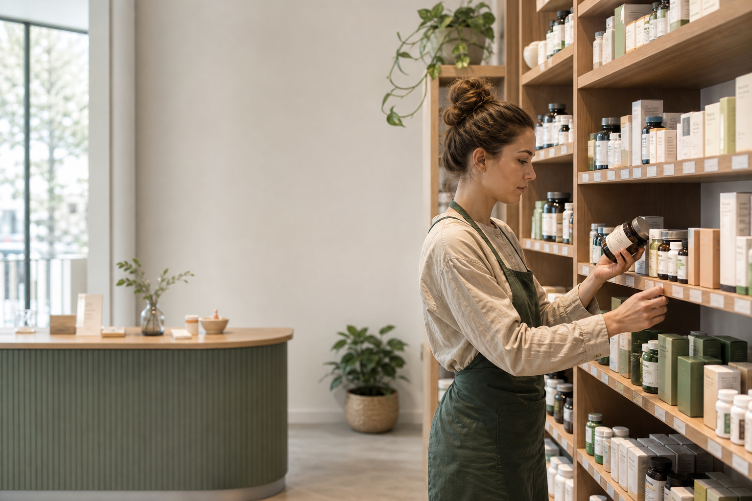 Medewerker controleert producten in een gespecialiseerd gezondheidswinkelschap